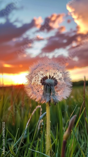 Dandelion Seeds Blowing at Sunset - Captivating image of dandelion seeds blowing in the wind at sunset. Perfect for themes of nature  serenity  and beauty.