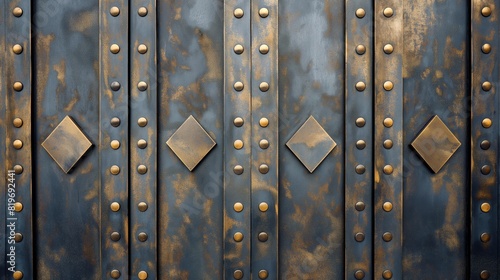 Detailed view of a metal door featuring numerous rivets