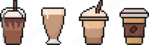coffee pixel art icon set, latte, cappuccino, coffee cup, macchiato, foam, 80s, 90s old arcade games style, items for video game, app, social media and more, vector illustration