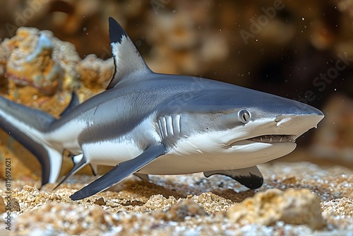 Realistic Gray Reef Shark in Natural Coral Habitat Marine Life Photography for Nature Conservation and Education