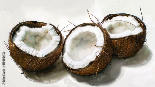   Three coconuts resting atop a white table on a white background