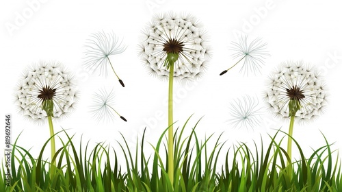   Three dandelions swaying in the wind with lush green grass