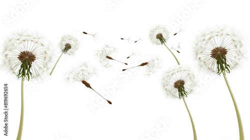  A white background with dandelions blown by the wind