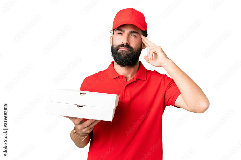 Pizza delivery man with work uniform picking up pizza boxes over isolated chroma key background having doubts and thinking Pizza delivery man with work uniform picking up pizza boxes over isolated chroma key background having doubts and thinking