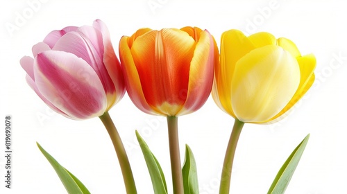   Three tulips in a vase with green stems on a white background