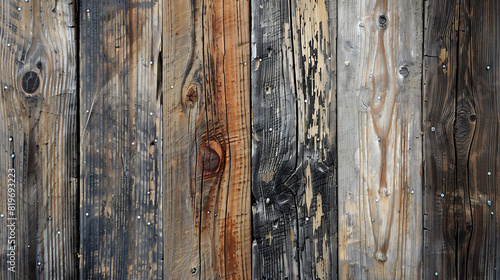 Close-up of weathered wooden planks with rich textures and natural patterns, showcasing the beauty of aged wood. © Ansar