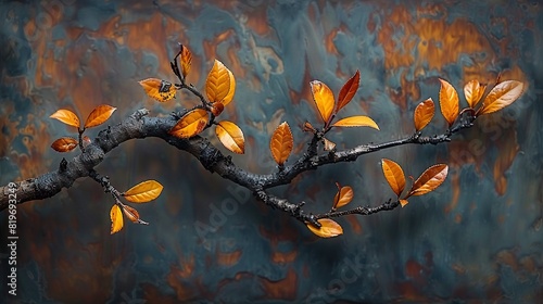   A tree with yellow foliage standing in front of an old metal fence  adorned with a bird portrait