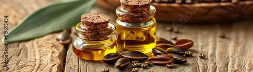 Jojoba oil on a wooden background with jojoba seeds photo