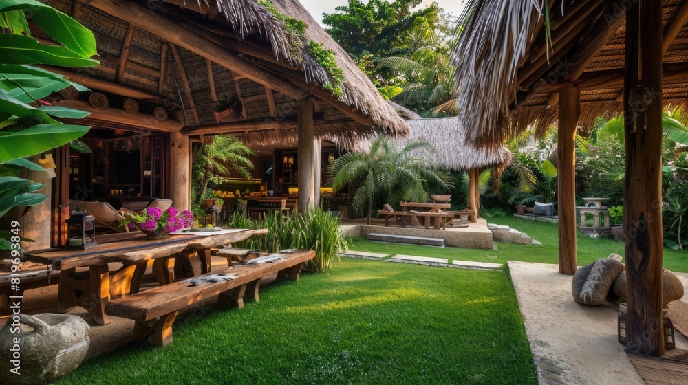 Enchanting Outdoor Haven Thatched Roof, Wooden Tables, Lush Green Lawn
