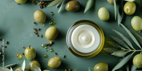 Olive oil moisturizer on a green background with olives