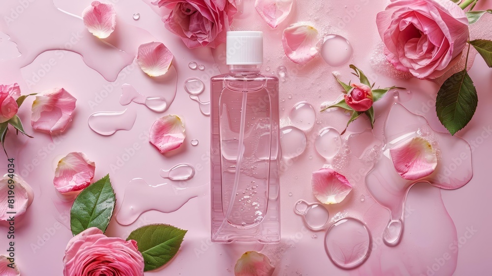 Rose water toner on a pink background with rose petals Rose water toner on a pink background with rose petals