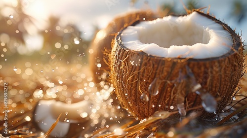   A coconut atop a haystack adjacent to a stack of coconuts in a field photo