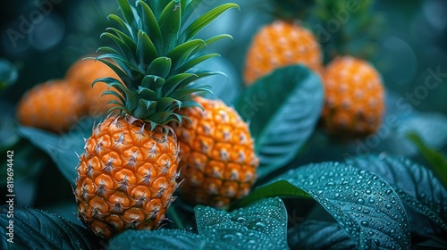  A cluster of succulent pineapples perched atop an abundant foliage plant, adorned with droplets of water