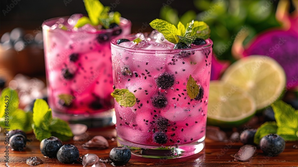 Two blueberry mojits with mint sprinkles and lemon wedges on a wooden table Two blueberry mojits with mint sprinkles and lemon wedges on a wooden table