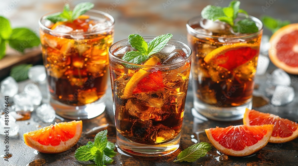 Three iced tea glasses with orange slices & mint garnish on a tray with grapefruit slices & ice Three iced tea glasses with orange slices & mint garnish on a tray with grapefruit slices & ice