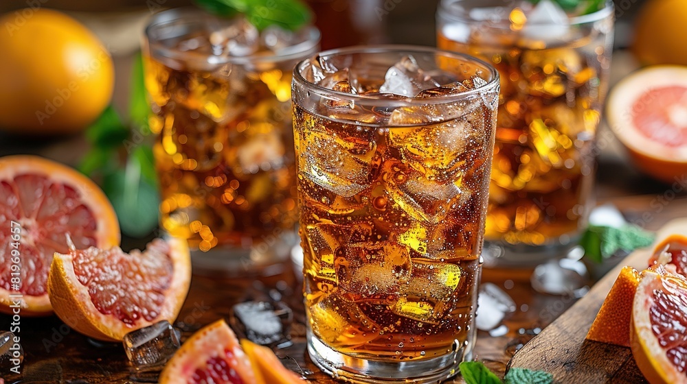 Close-up shot of an ice tea glass with citrus fruits surrounding it on a table surface Close-up shot of an ice tea glass with citrus fruits surrounding it on a table surface