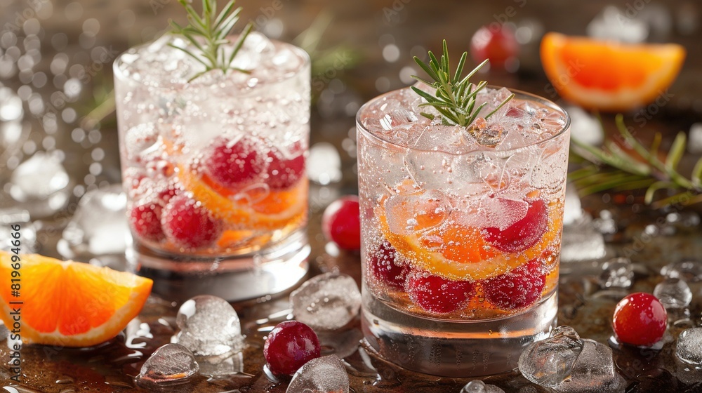Two glasses of orange and cranberry juice next to ice cubes and a sprig of rosemary Two glasses of orange and cranberry juice next to ice cubes and a sprig of rosemary