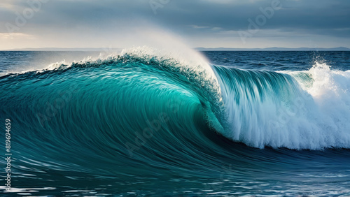 Dynamic water splash frozen in time against deep blue sea at twilight powerful wave motion