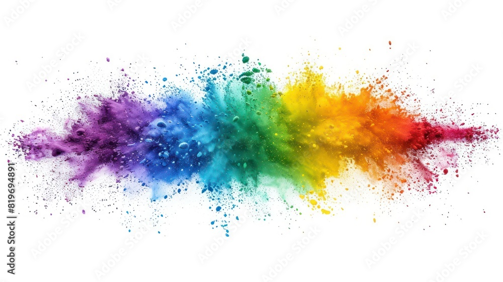 Dynamic horizontal rainbow powder splash composition, featuring an explosion of vibrant colors against a blank white canvas. Dynamic horizontal rainbow powder splash composition, featuring an explosion of vibrant colors against a blank white canvas.