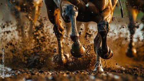 A detailed depiction of a racehorses powerful legs and hooves, capturing the moment of explosive power as it races on a muddy track