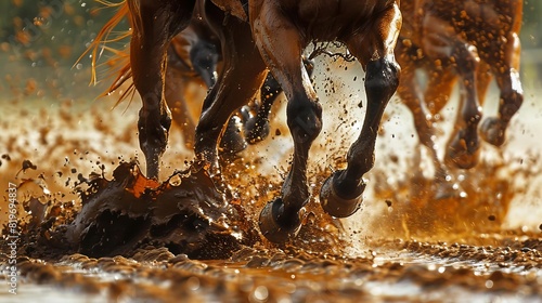 A detailed depiction of a racehorses powerful legs and hooves, capturing the moment of explosive power as it races on a muddy track photo