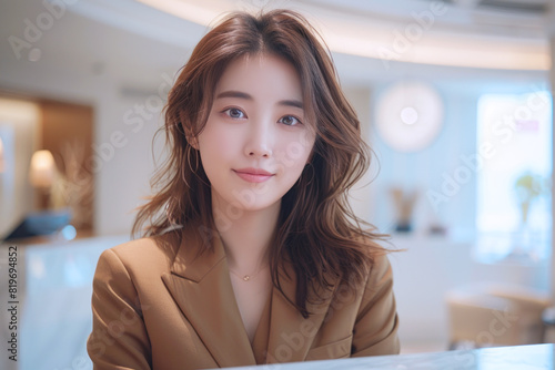 Korean receptionist manager in modern luxury hotel welcoming guests photo