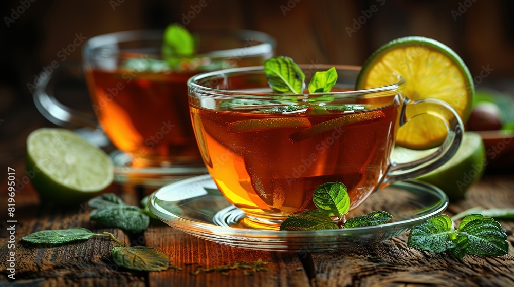 A zoomed-in image of a mug filled with tea, accompanied by limes and a wedge of lime A zoomed-in image of a mug filled with tea, accompanied by limes and a wedge of lime