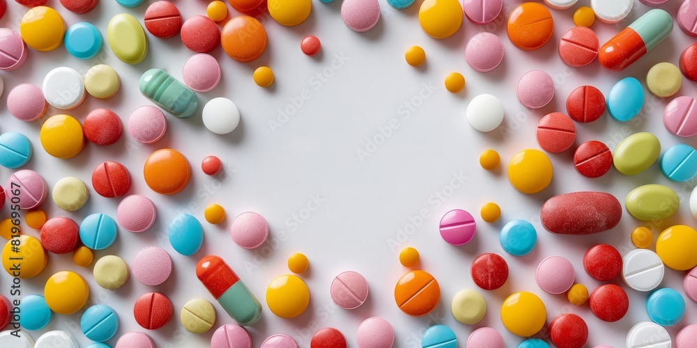 Assorted pills arranged in a circle on a white background with colorful pills creating a vibrant border Assorted pills arranged in a circle on a white background with colorful pills creating a vibrant border