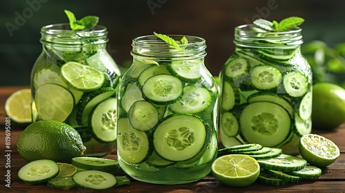  Wooden table with mason jars full of cucumbers and limes, plus lime wedges