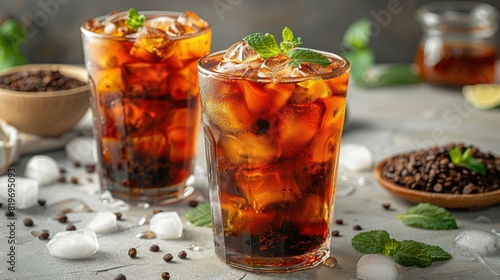  Two iced tea glasses rest on a table with nearby bowls of ice cubes and mint