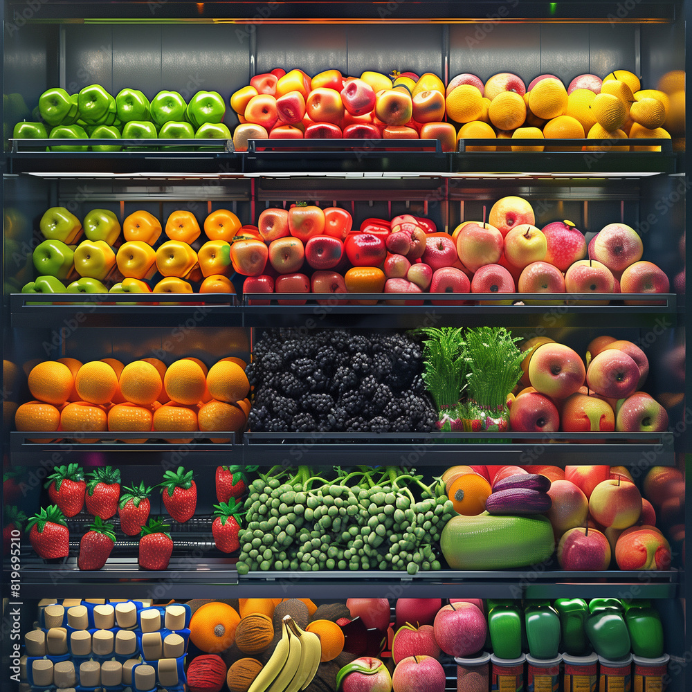 Abundant Array of Fresh Fruits and Vegetables in Display Case