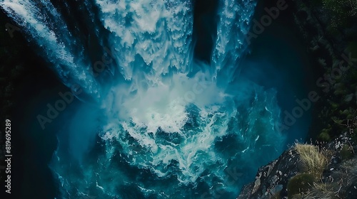 A breathtaking aerial view of a powerful waterfall plunging into a deep blue pool below.