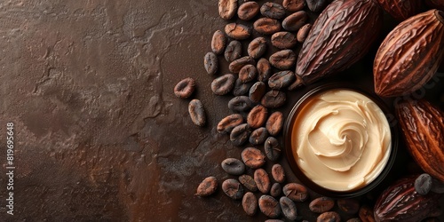 Cocoa butter lotion on a brown background with cocoa beans