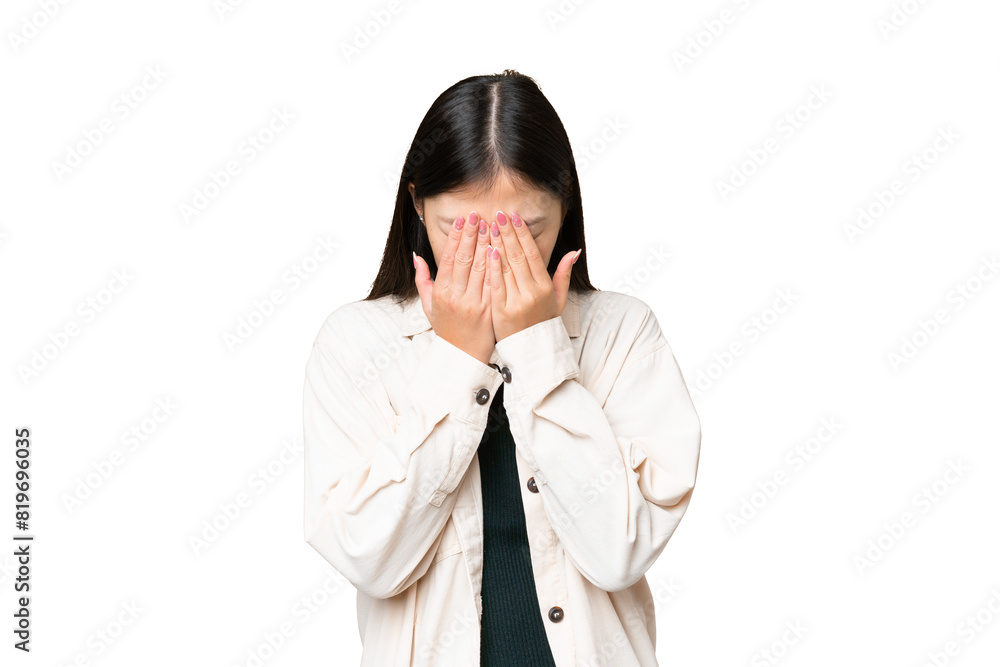 Young Asian woman over isolated chroma key background with tired and sick expression Young Asian woman over isolated chroma key background with tired and sick expression