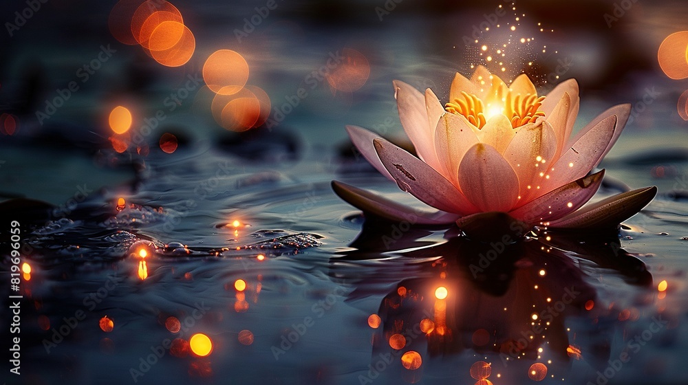   A water lily floating on a body of water, illuminated by lights behind it