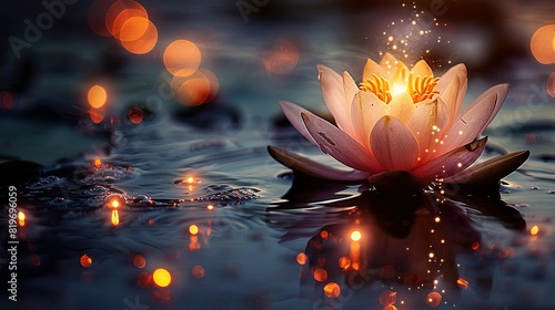  A water lily floating on a body of water, illuminated by lights behind it