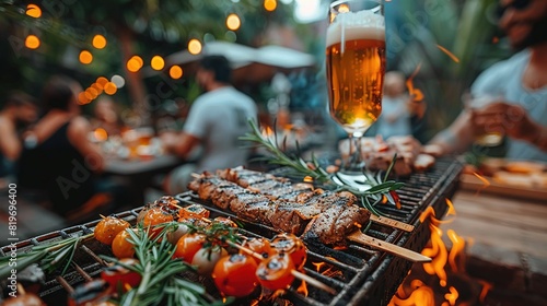  A close-up of a grill with food and a beer glass on a table, with people in the background