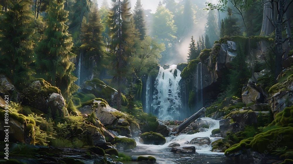 A cascading waterfall surrounded by moss-covered rocks and towering trees in a pristine forest.
