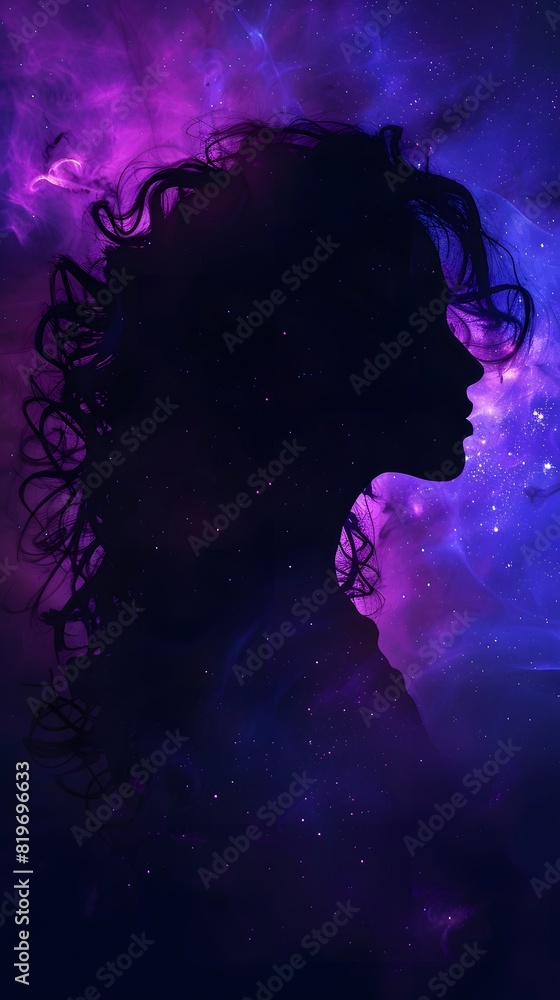 the silhouette of a child girl with nebula hair