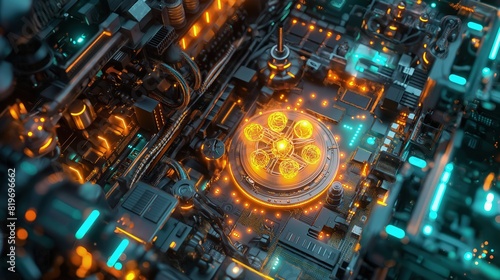 A detailed view of a quantum computer core with glowing qubits and intricate circuitry, housed within a high-tech laboratory setting. © Muhammad