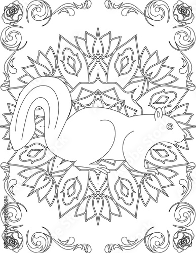 Squirrel on Mandala Coloring Page. Printable Coloring Worksheet for Adults and Kids. Educational Resources for School and Preschool. Mandala Coloring for Adults