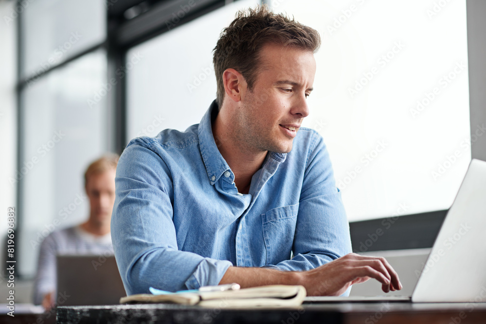 Businessman, laptop and browsing with research for online startup, development or checking email at office. Creative man or employee working on computer for productivity or communication at workplace Businessman, laptop and browsing with research for online startup, development or checking email at office. Creative man or employee working on computer for productivity or communication at workplace