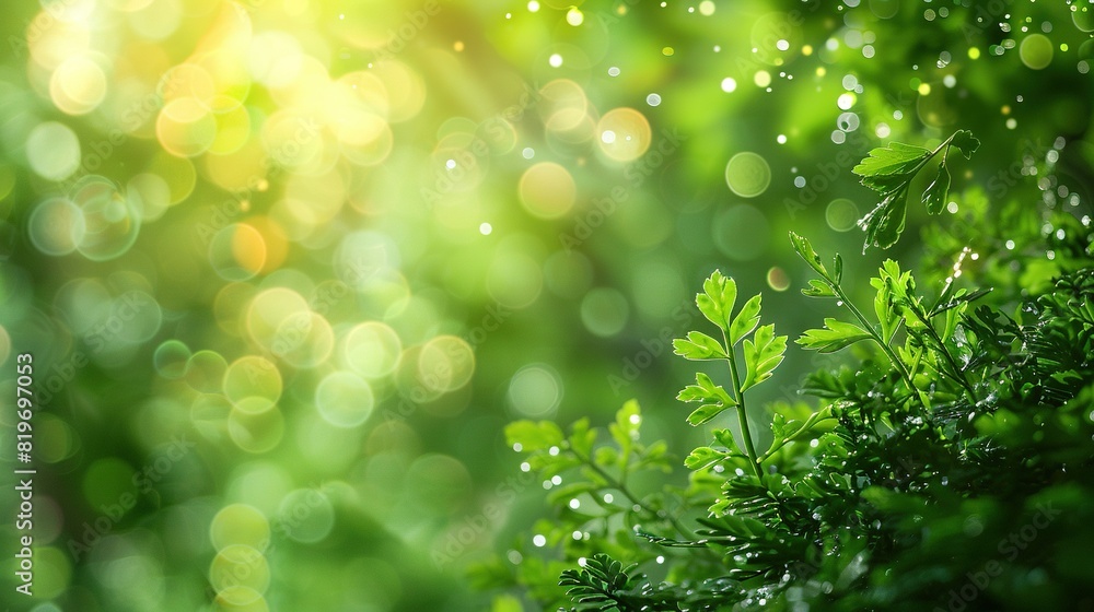 Green plant with water droplets under the sunlight Green plant with water droplets under the sunlight