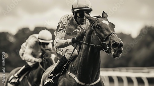 A nostalgic black and white photo style image of a historic racehorse race, with vintage clad jockeys and classic race attire