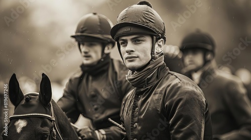 A nostalgic black and white photo style image of a historic racehorse race, with vintage clad jockeys and classic race attire