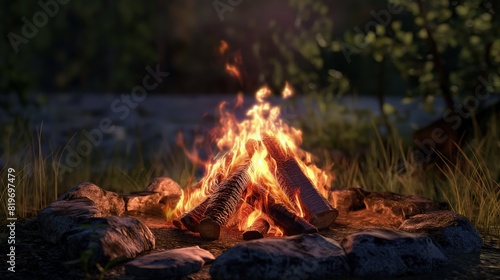 A digital campfire with realistic flames and crackling sound effects, designed to enhance the ambiance in outdoor or survival-themed video games. 