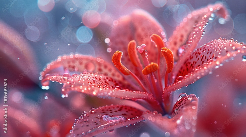 A close-up of a pink flower with droplets of water on the petals against a blue background A close-up of a pink flower with droplets of water on the petals against a blue background