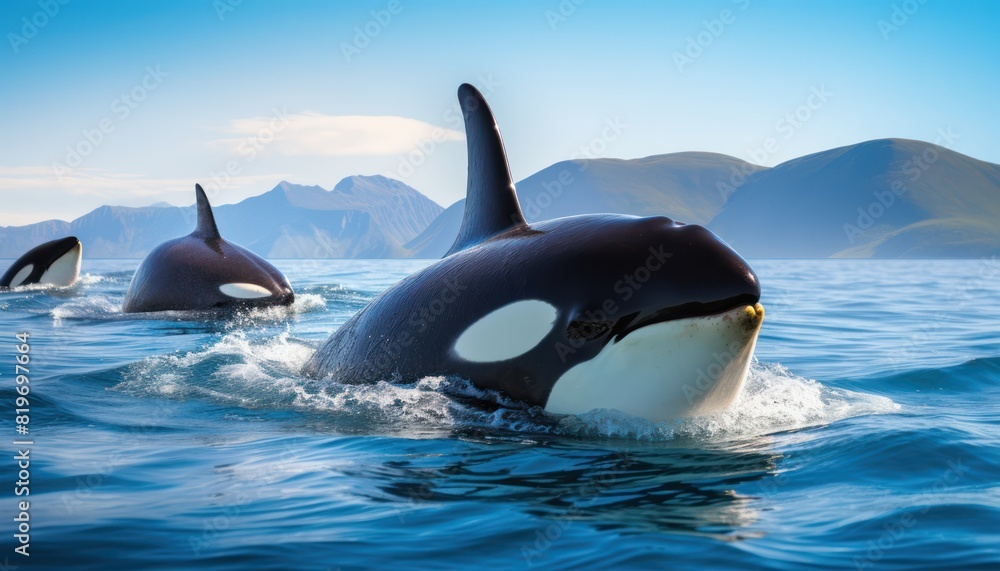Obraz premium Groups of Orcas or killer whales swim and hunt for prey, the top of the food chain in a sea of ​​ice floes