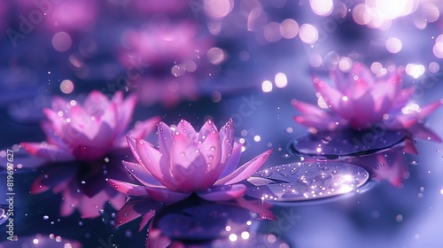  A cluster of pink water lilies bobbing atop a tranquil pond, adorned with droplets of water