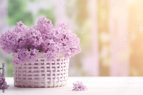 purple lilac flowers in a wooden basket with blurry bokeh  with space for text